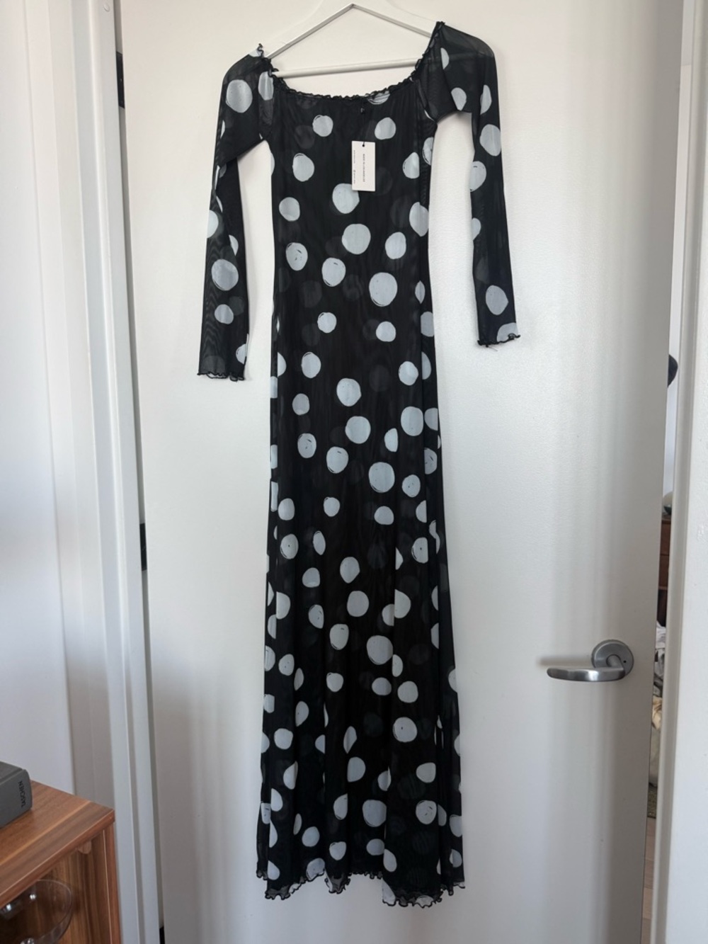 RESA Black Maxi Dress with White Polka Dots and Square Neck